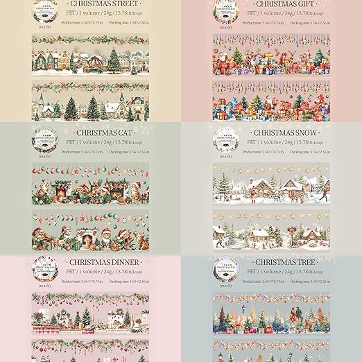 6 Rolls PET Washi Tape Stickers Set,Christmas Washi Tape for Journaling,Winter Aesthetic Stickers for Scrapbook Supplies,Junk Journal,Planner(Christmas Diary)