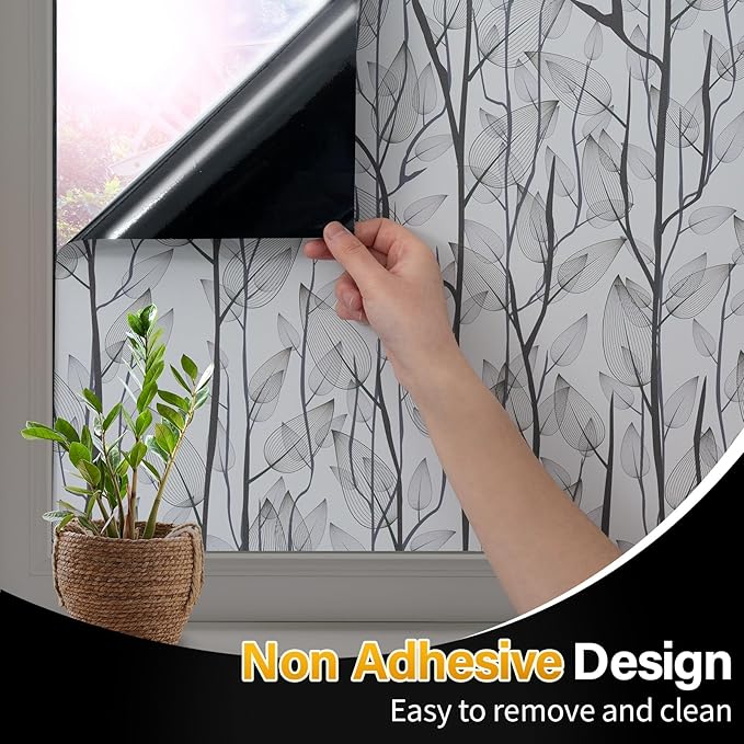 Leaf Pattern Window Tint with Installation Tools, Blackout Window Cover, Sun Blocking Window Tint for Home (Full Blackout Opaque, 35.4'' x 118.1'')