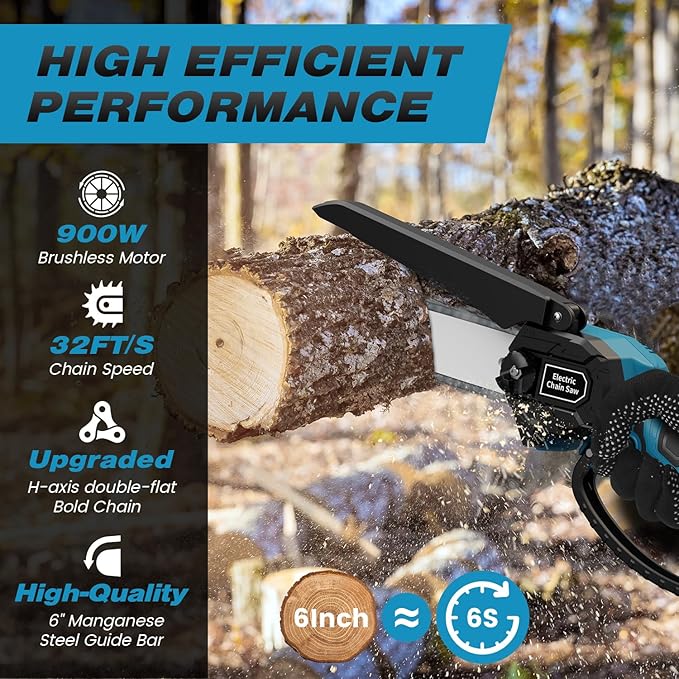 Mini Chainsaw, 6-Inch Electric Chainsaw Cordless, Brushless Portable Handheld Small Chain Saw with 2 Batteries, for Wood Cutting/TreeTrimming/Courtyard