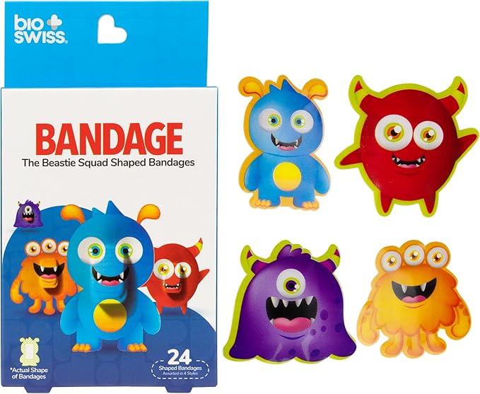 Bioswiss Bandages, Beastie Squad Shaped Self Adhesive Bandage, Latex Free Sterile Wound Care, Fun First Aid Kit Supplies for Kids and Adults, 24 Count