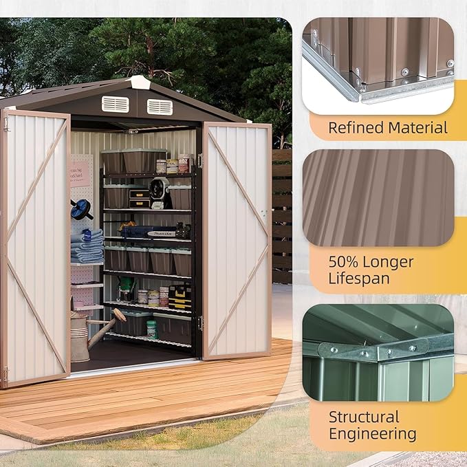 Aoxun 6x4ft Shed with Floor Heavy-Duty Galvanized Steel Outdoor Storage Shed with Double Doors, Ventilated Weatherproof Design for Bike/Generator/Tool Organization (Brown)