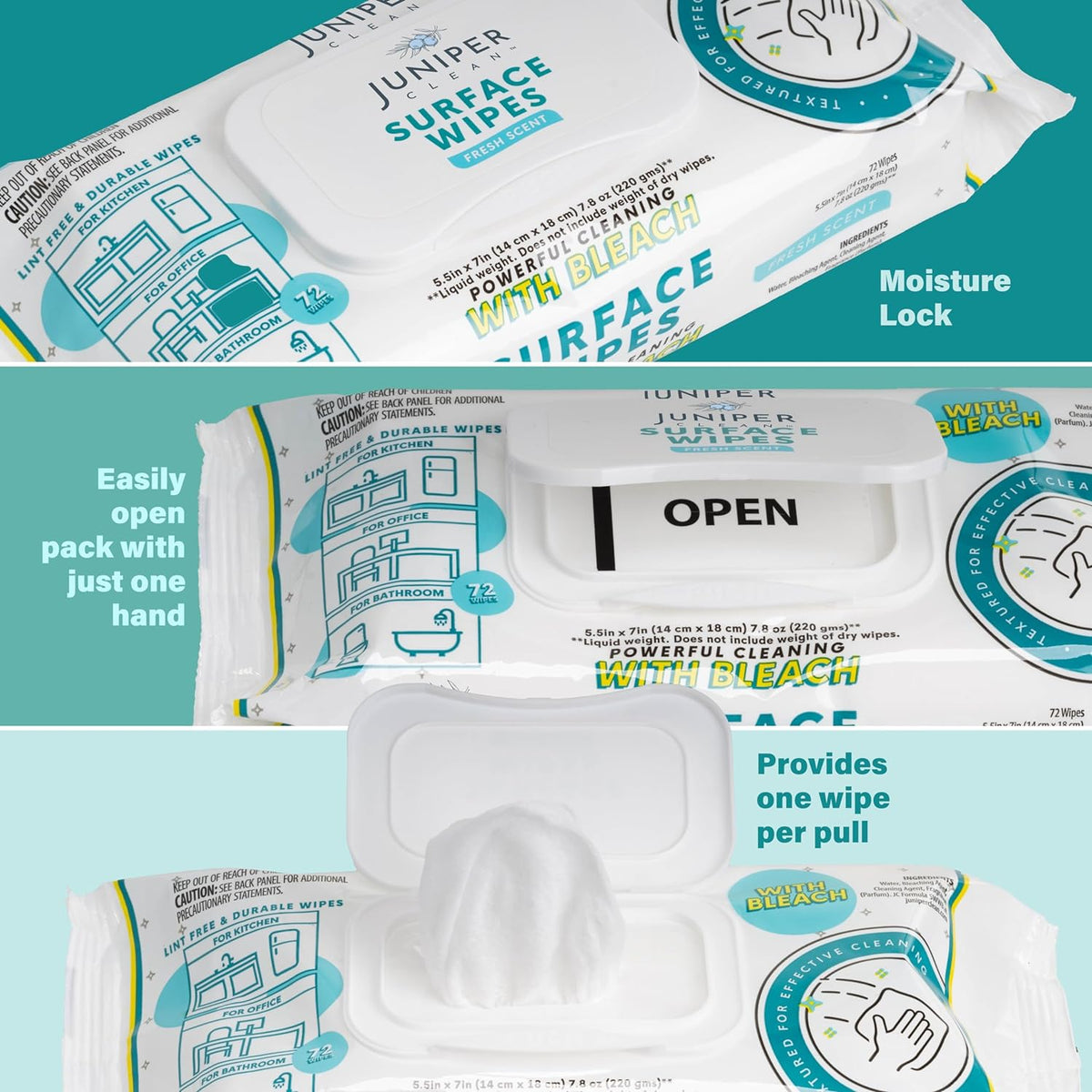 1 Pack Surface Wipes with Bleach, All-Purpose Cleaner for Bathroom, Kitchen, Office, 72 Count Soft Flow, Fresh Scent, Lint Free & Durable