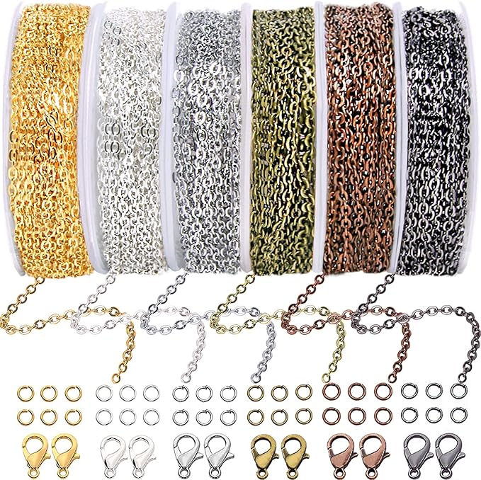 Jishi Chains Jewelry Making Supplies, 60ft Cable Link Chains for Making Jewelry Necklace Earring Bracelet Findings DIY Craft Kit for Adults, 6-Color 2mm Gold Silver Copper Plated Metal Link Rolls Bulk