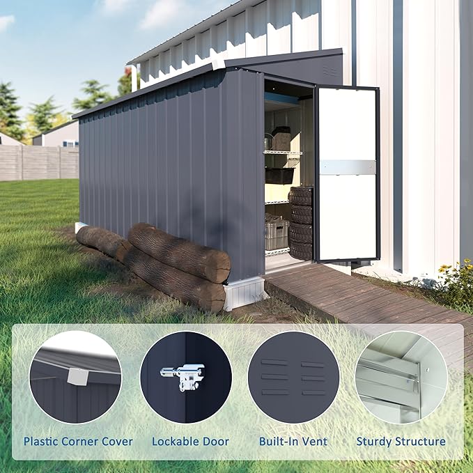 MUPATER 4×10 FT Storage Shed for Outdoor,Lean-to Shed Kit with Thickened Galvanized Steel, Metal Tools Shed with Lockable Door and Air Vents for Patio Garden, Grey