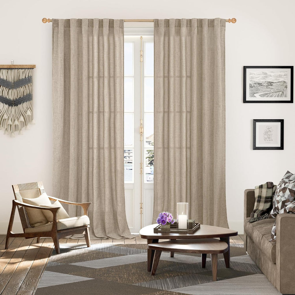 YoungsTex 90 Inch Length Linen Semi Sheer Curtains for Living Room, Dark Oatmeal Light Filtering Drapes with Rod Pocket Back Tab Textured Burlap for Bedroom, 52 X 90 Inch, 2 Panels