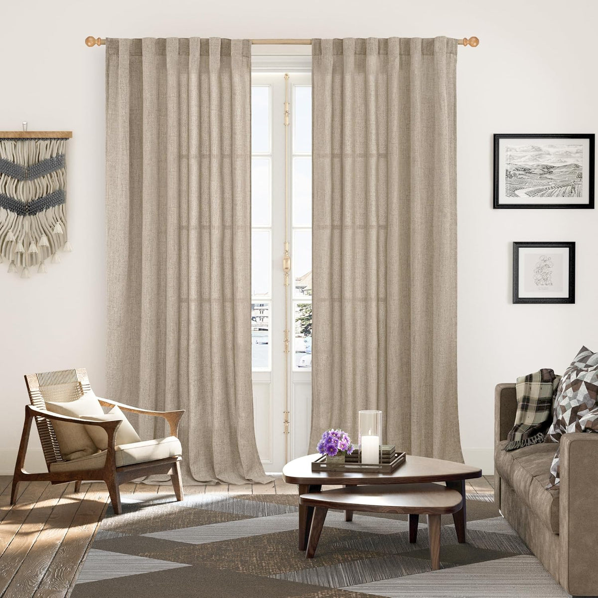 YoungsTex 90 Inch Length Linen Semi Sheer Curtains for Living Room, Dark Oatmeal Light Filtering Drapes with Rod Pocket Back Tab Textured Burlap for Bedroom, 52 X 90 Inch, 2 Panels