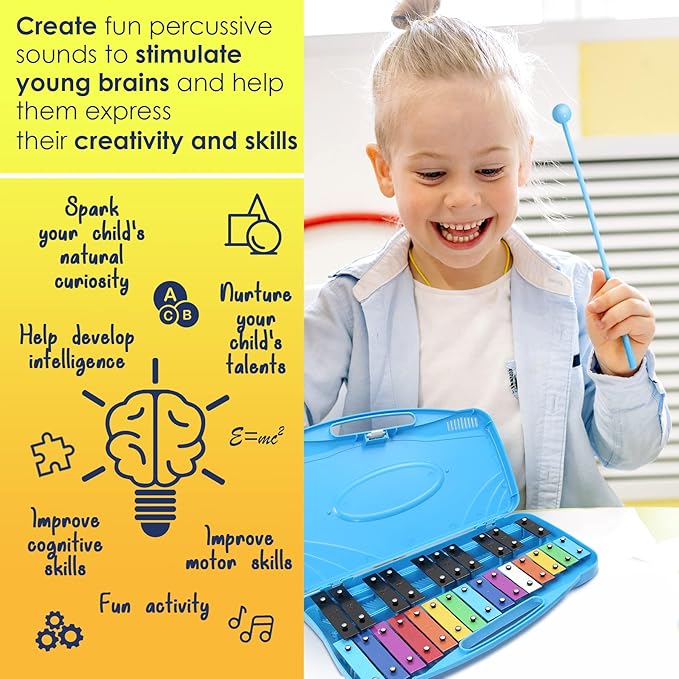 MINIARTIS Glockenspiel Xylophone | 25 Note Colorful Metal Keys Xylophone for Kids | Percussion Musical Instrument | Educational Music Toy Includes Music Songbook, Mallets and Blue Carry Case