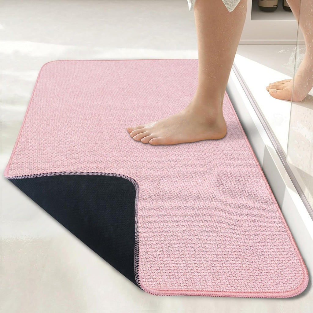 Bath Mat,Ultra Thin Bathroom Runner Rugs,Large Bath Mats for Bathroom,Quick Dry,Non-Slip,Machine Washable,Low Pile,Bath Rug,Shower Outside,Sink,Home Decor Accessories.Pink,1'5"x2'11"（17x35inch）