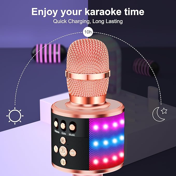 BONAOK Karaoke Microphone for Kids & Adults - Bluetooth Microphones Singing Mic with Disco Lights, Echo Effect, Built-in Speaker Portable Karaoke Player for Party Travel Gifts Q78(Rose Gold)