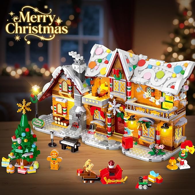 3 Style Christmas Gingerbread House Building Set with Lights - 2025 Christmas Castle Village Building Block Toy with Santa Claus Xmas Tree Train Gifts for Adults Kids Girls Boys Ages 6+ (1477PCS)