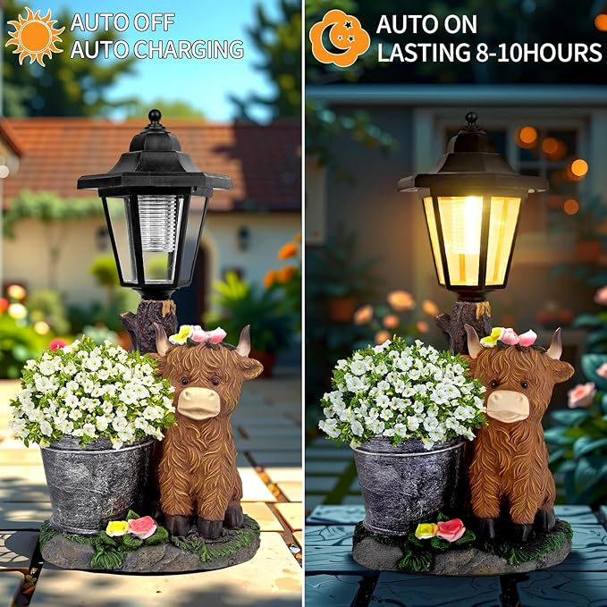Solar Highland Cow Outdoor Statues, Garden Sculptures with Flowerpot Decor & Solar Lantern for Yard Art Lawn Ornaments Porch Patio Balcony - Birthday Gifts for Women Mom