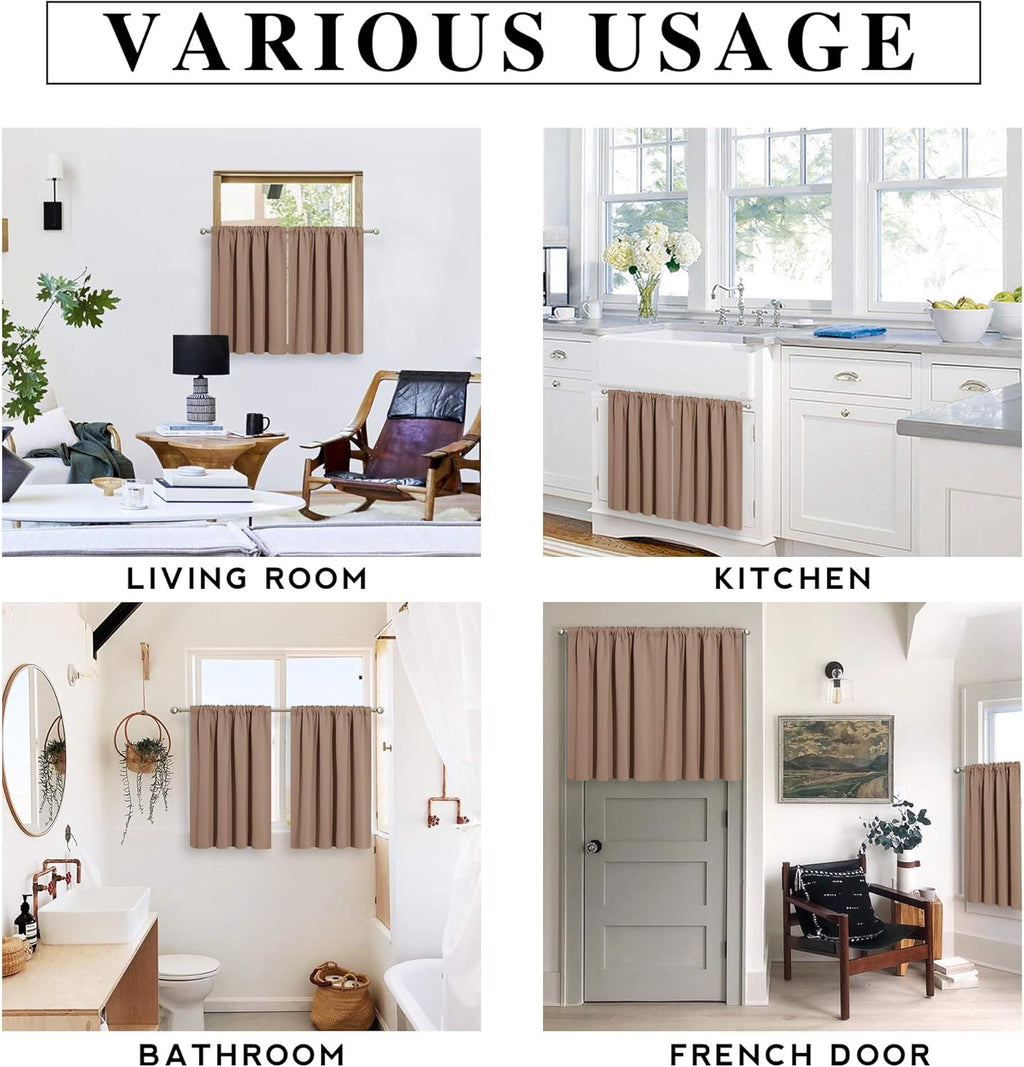 RYB HOME Blackout Curtain Set - Solid Country Curtains Sunlight Glare Block Noise Reduce Drapes for Bedroom Kitchen Cafe Basement RV Cargo Window, 52 x 36 inch Long, Cappuccino, 2 Pcs