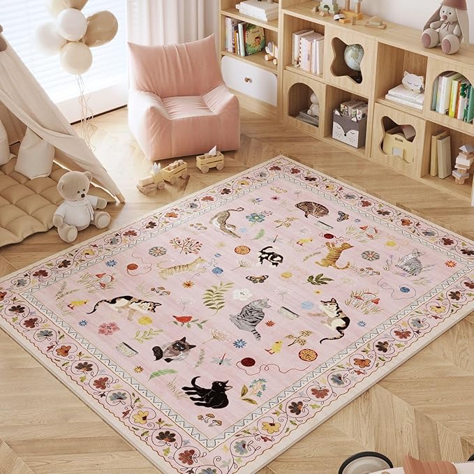 Rugcomf Area Rug 4x6 Rug Washable Boho Rugs Non Slip Low Pile Floral Animal Cat Small Carpet for Bedroom Bedside Kids Room Office Dining Room, Pink