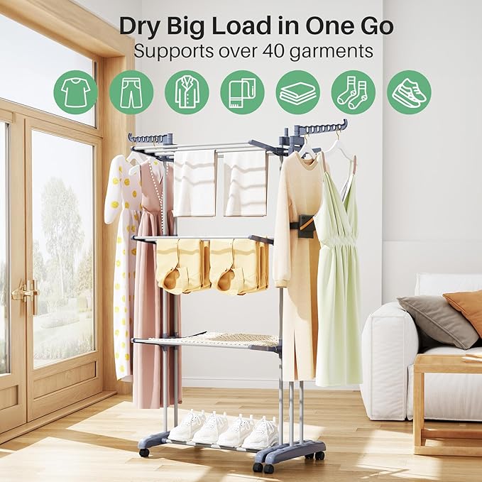 Kitstorack Clothes Drying Rack - Foldable Movable Clothes Rack Drying 30.0" W to 59.0" W Extensible Drying Rack Clothing Oversized 4-Tier Stainless Steel Large Clothes Rack Drying Indoor and Outdoor