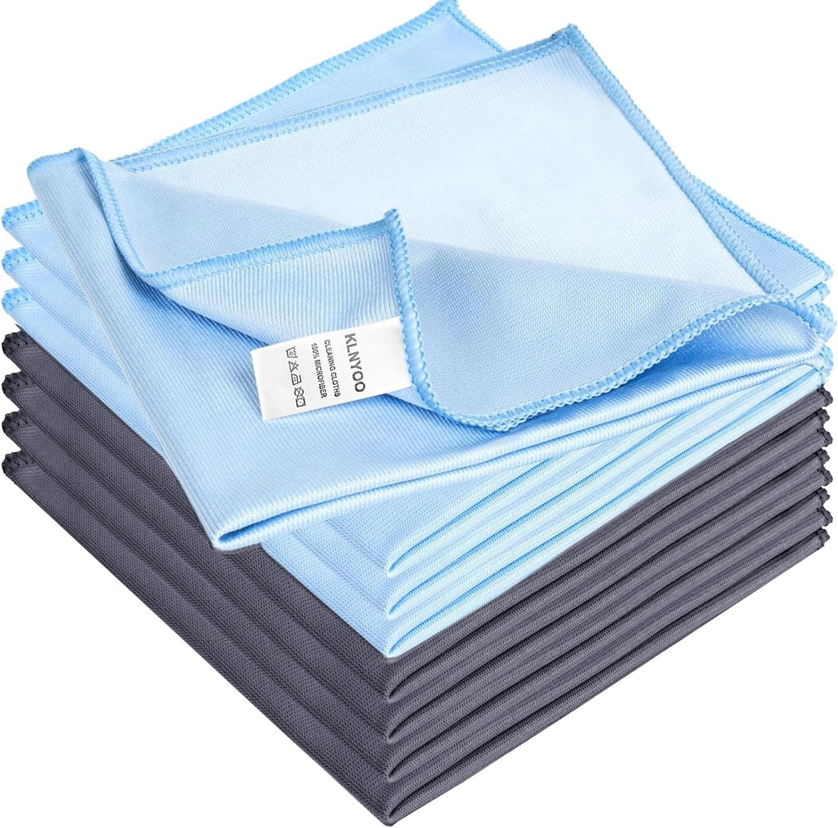 KLNYOO Microfiber Glass Cleaning Cloths Lint Free Streak Free Quickly and Easily Clean Windows & Mirrors Without Chemicals Polishing Cloth 16x16 Inch 8 Pack (Blue+ Grey)