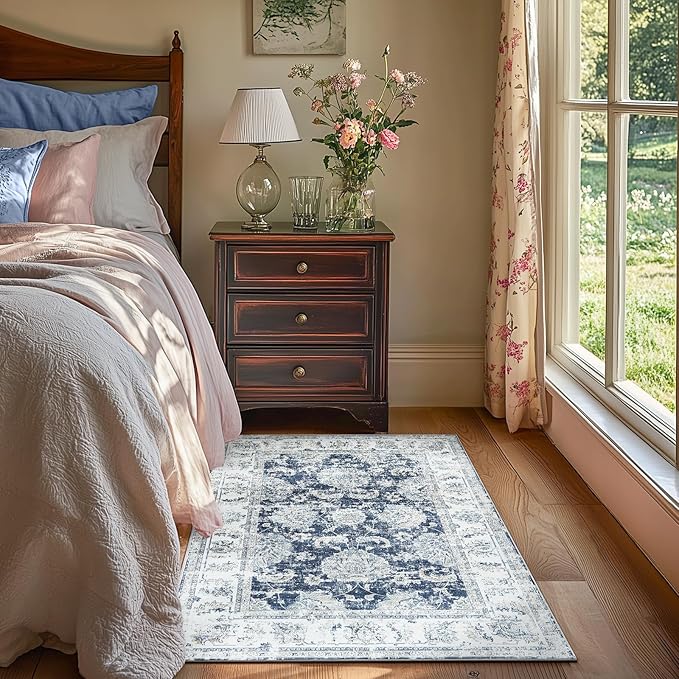 jinchan Floral 3x5 Area Rugs for Entryway - Machine Washable Taupe Vintage Distressed Design Doormat Non-Slip Ultra-Thin Low Pile Boho Rug for Kitchen Living Room Bedroom Farmhouse (3‘x5',Dark Blue)