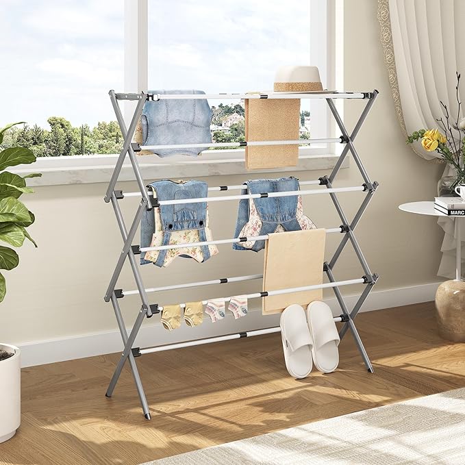 APEXCHASER Drying Rack Clothing, Clothes Drying Rack Foldable, Laundry Drying Rack Expandable, Small Clothe Hanger for Baby Clothes Towels Bibs, Socks, Clothes Airer for Indoor Outdoor Use, White/Grey