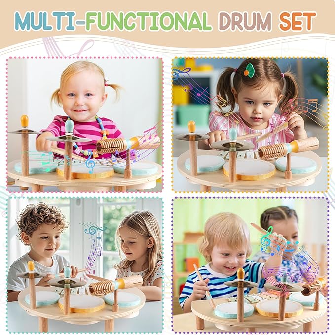 Kids Drum Set, Montessori Musical Instruments for Toddlers 1-3, Wooden Musical Toys for Baby 12-18 Months, Preschool Educational Xylophone Drum Kit, Birthday Gift for Boys Girls Ages 3+