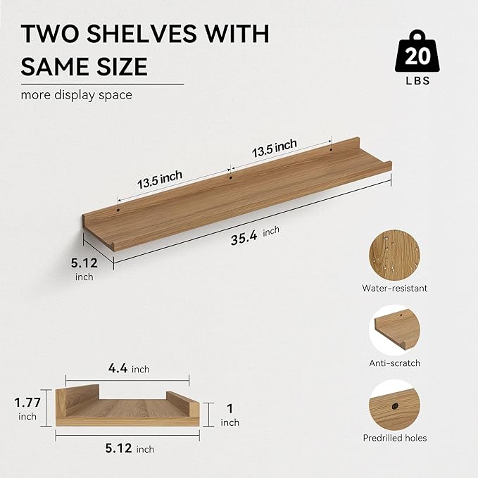 35.3 Inches Long Floating Shelves, 2 Set Rustic Wall Shelf for Bedroom, Nursery Book Shelf with Lip, Picture Ledge Shelf for Wall Decor Living Room Bathroom Kitchen - Oak