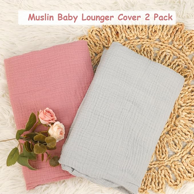 Hooyax Baby Lounger Cover 2 Pack - 100% Muslin Cotton Newborn Lounger Pillow Covers Only, Soft Breathable Infant Lounger Cover with Reinforced Stitching, Fits Most Standard Baby Loungers (Grey Pink)