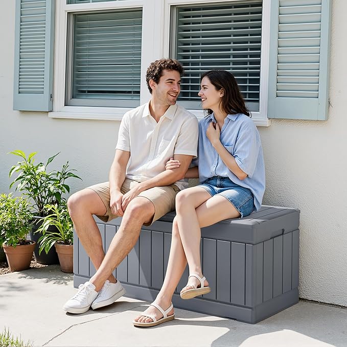 Devoko 78 Gallon Deck Box, Waterproof Resin Outdoor Storage Box for Outside and Patio, Outdoor Storage Bench Lockable for Patio Furniture, Garden Tools and Pool Supplies (Grey, 78 Gallon)