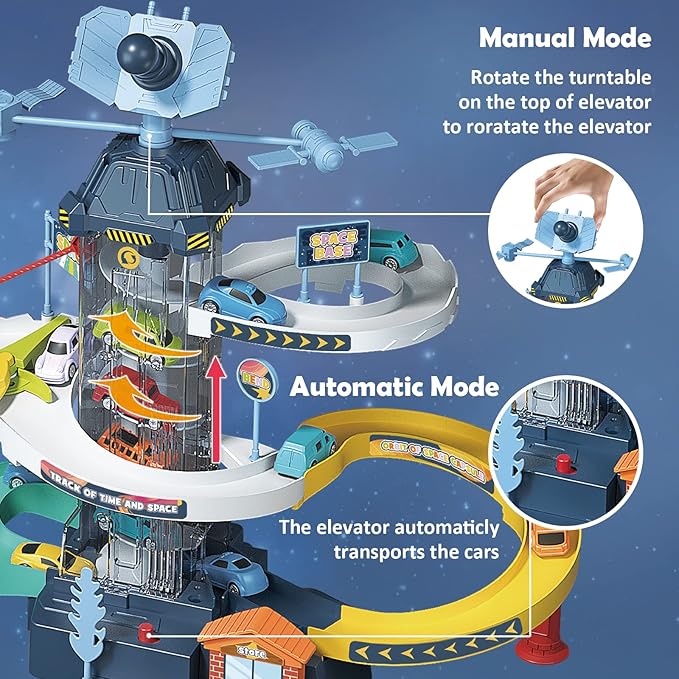 RedCrab Car Race Track Elevator for Boys, Kids Space Car Ramp Climbing Hills Parking Adventure Playset,Satellite Cars Garage Track with Electric Elevator Toy for Children