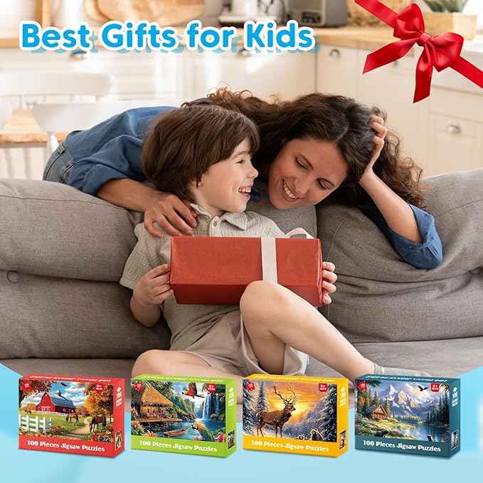 4 Packs Puzzles for Kids Ages 4-6 6-8 8-10, Farm Rainforest Wild Animals Kids Puzzles, 100 Pieces Jigsaw Puzzle for Seniors Adults Kids Learning Puzzle Toys Gifts for Girls Boys 15x11 inch