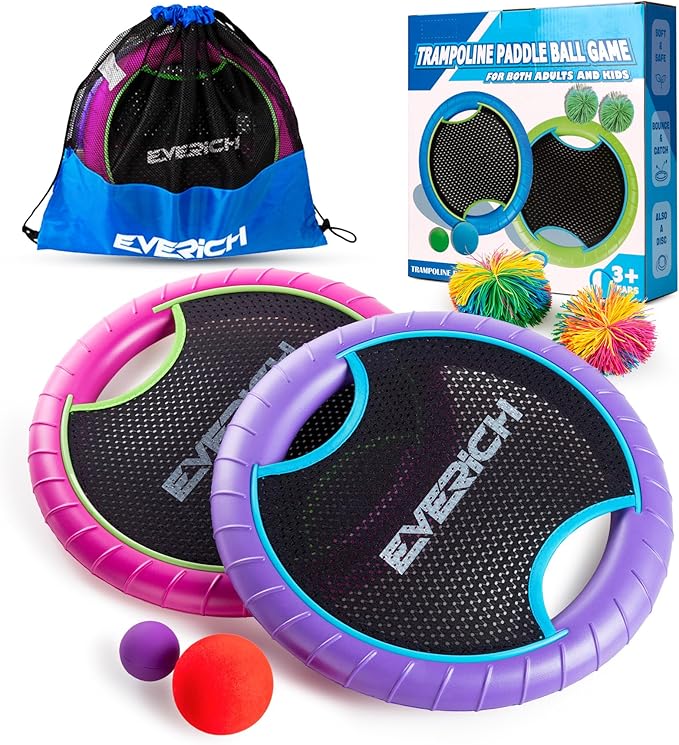 EVERICH TOY Trampoline Paddle Ball Set with 2 Bouncy Paddles & 4 Balls - Soft Foam Design for Kids Play Indoor Outdoor Beach Backyard Lawn - Great Gift Idea for Boys & Girls (Pink & Purple)