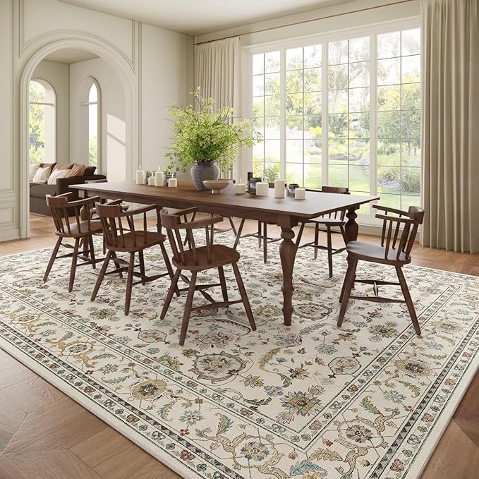 Washable 10x14 Area Rugs for Living Room, Boho Non-Slip Silicone Backing Rugs for Bedroom Dining Room Office, 0.3" Neutral Oriental Throw Carpet with 0.16" Cushioning Pad, Light Beige/Multi