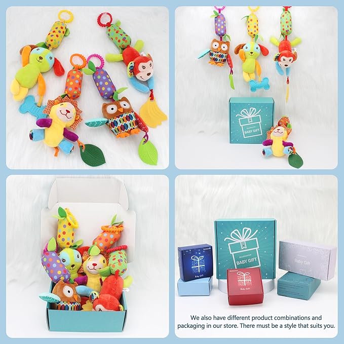 BLOOBLOOMAX Baby Soft Hanging Rattle, Car Seat Stroller Toys with Plush Animal C-Clip Ring for Infant Babies Boys and Girls 3 6 9 to 12 Months (4pcs)