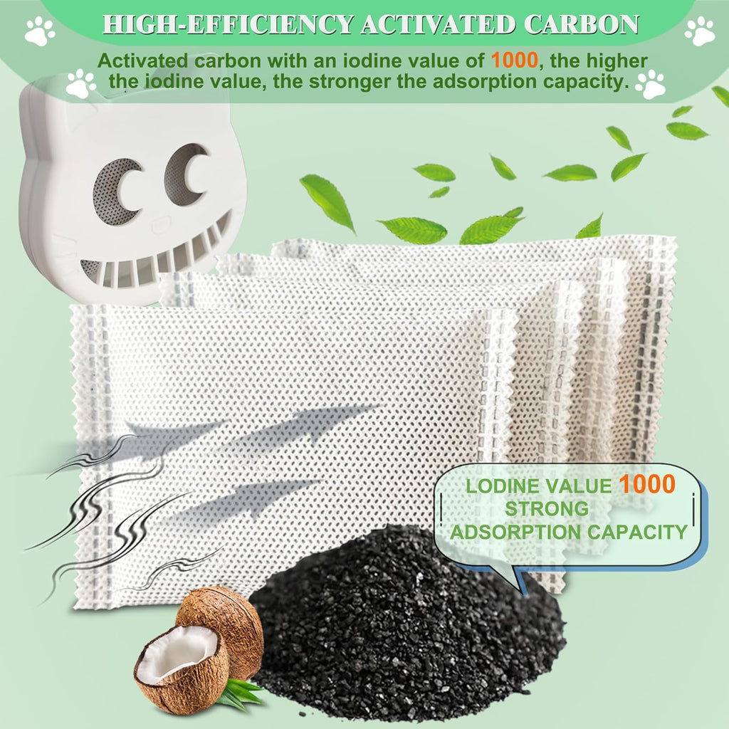 Unscented Cat Litter Box Deodorizer Kit Stick-On Activated Carbon Odor Eliminators Compatible with most manual and automatic litter boxes (4 Refills+ 1 Box) (White, Unscented)