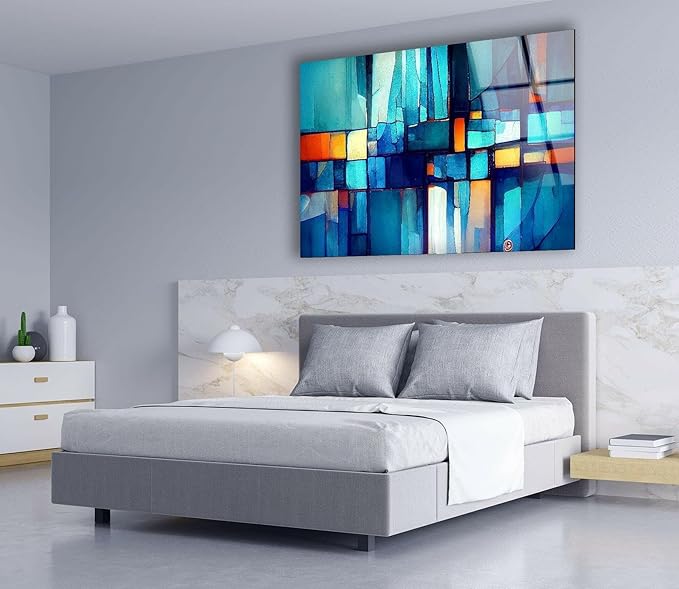 My Photostation.com 20Wx14H'' Blue Vibrant Stained Glass Wall ArtTempered Glass Printing Wall Decor Large Wall Art Wall Hangings