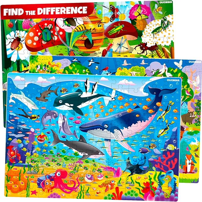 QUOKKA 100 Piece Puzzles for Kids Ages 4-6 – 3 Floor Kids Puzzles Ages 6-8 Year Old – Toy for Learning Ocean & Forest Animals for 8-10 yo – Jigsaw Toddler Game for Boy and Girl Age 3-5