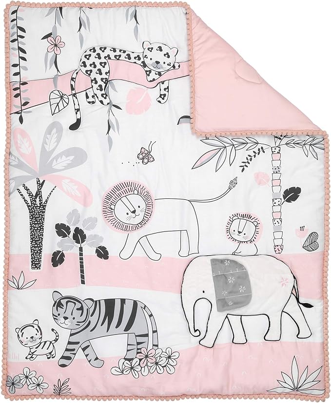 Lambs & Ivy Happy Jungle Pink/White Safari Nursery 5-Piece Crib Bedding Set