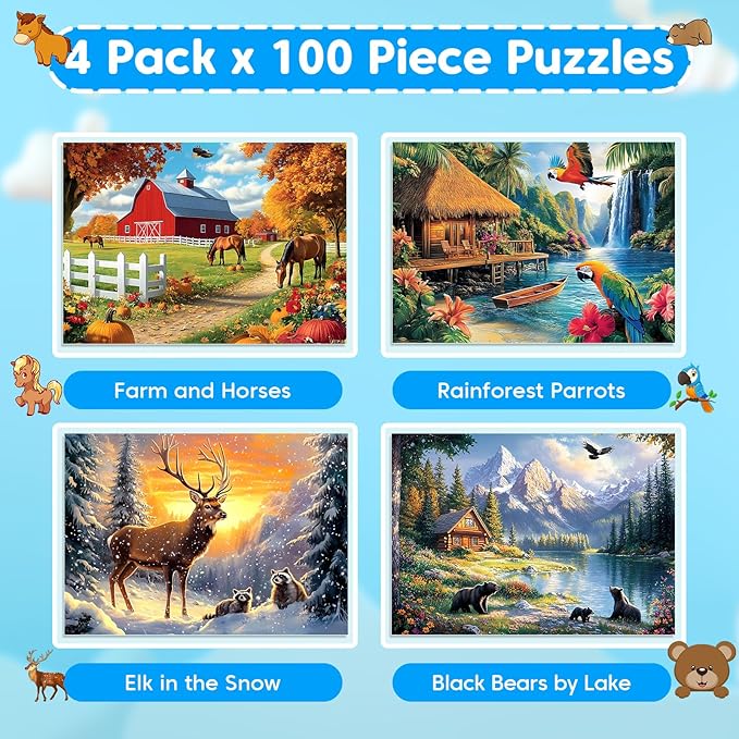 4 Packs Puzzles for Kids Ages 4-6 6-8 8-10, Farm Rainforest Wild Animals Kids Puzzles, 100 Pieces Jigsaw Puzzle for Seniors Adults Kids Learning Puzzle Toys Gifts for Girls Boys 15x11 inch