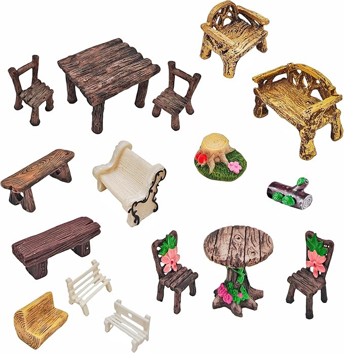 Miniature Garden Furniture Set - 14-Piece Resin Miniature Table and Chairs Set for Outdoor Decor, Adult DIY Craft Gift & Micro Landscape Decor Accessories (Village)