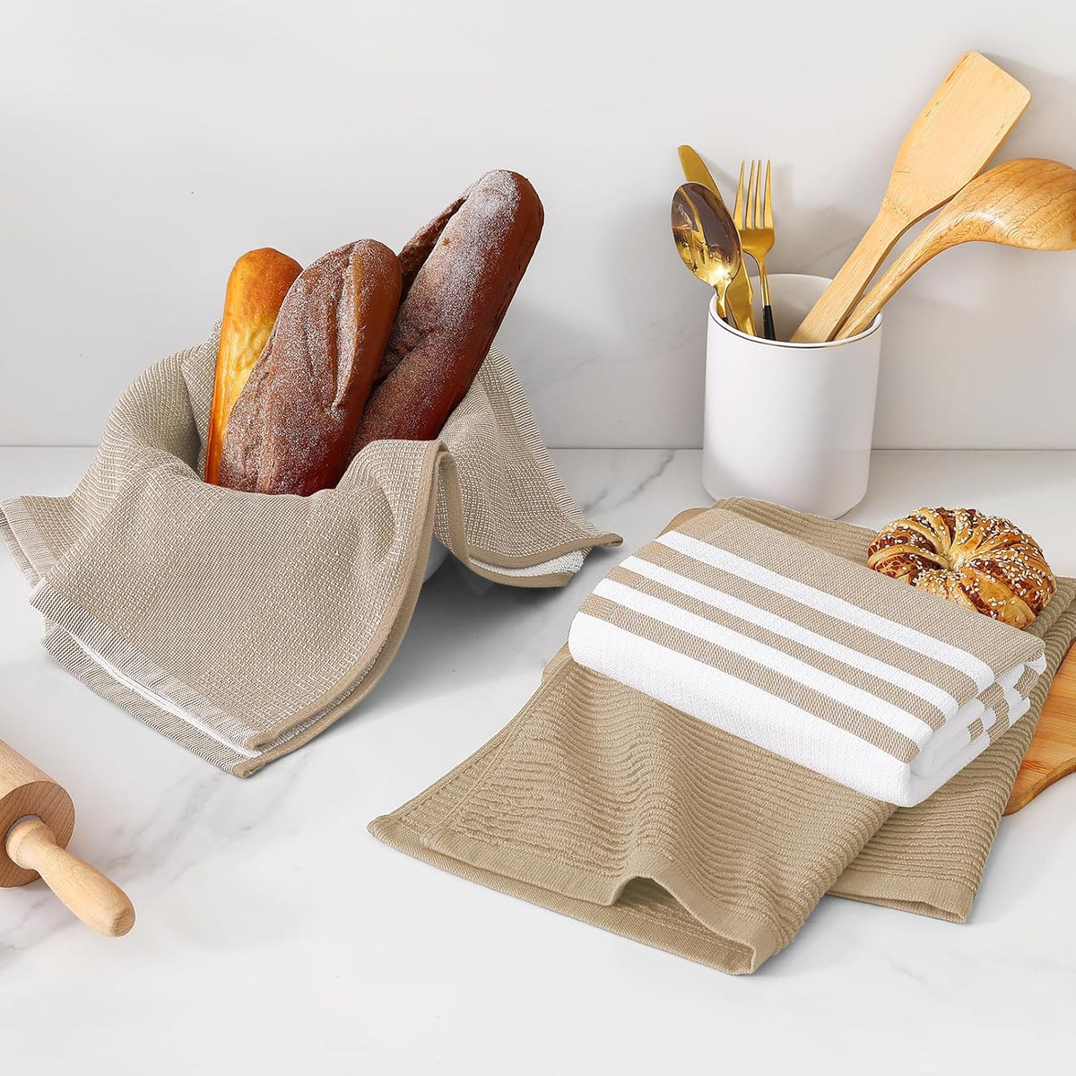 Homaxy Premium Kitchen Towels(18”x 28”, 12 Pack), Large Cotton 380 GSM Kitchen Hand Towels, Soft and Absorbent Terry Dish Towels, Multipurpose Tea Towel Set with Hanging Loop, Khaki