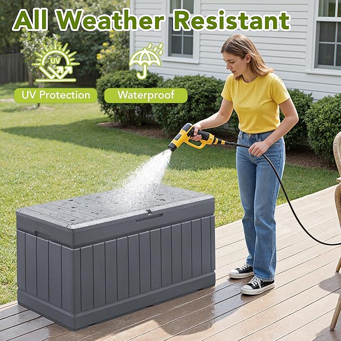 Devoko 78 Gallon Deck Box, Waterproof Resin Outdoor Storage Box for Outside and Patio, Outdoor Storage Bench Lockable for Patio Furniture, Garden Tools and Pool Supplies (Grey, 78 Gallon)