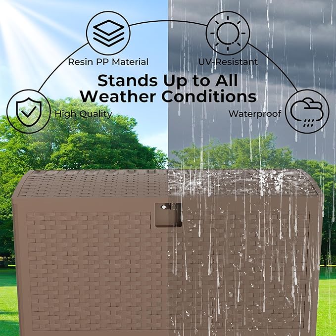 73 gal Brown Resin Deck Box, Outdoor Storage Box Waterproof Lockable, Patio Deck Box For Package Delivery, Outside Storage Box Container for Furniture Cushions, Garden Tools, Pool Accessories
