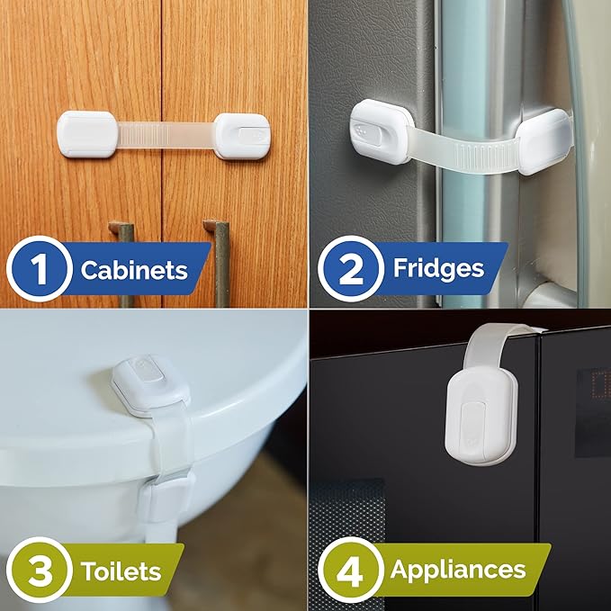 Child Safety Strap Locks (10 Pack) Baby Locks for Cabinets and Drawers, Toilet, Fridge & More. 3M Adhesive Pads. Easy Installation, No Drilling Required, White