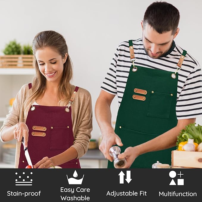 Canvas Aprons, Kitchen Chef Aprons, Work Aprons for Men Women, Adjustable Strap Aprons with 3 Pockets