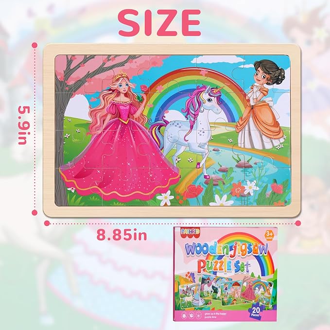 NASHRIO Wooden Educational Jigsaw Puzzles for Preschool Kids Ages 3-5, 4-Pack with 20 Pieces Unicorn Princess Wood Puzzles Set, Toddler Brain Teaser Toys, Preschool Gifts for Boys Girls Ages 3 4 5 6