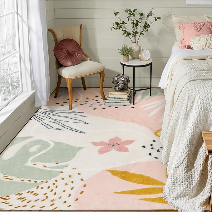 Lahome Pink Carpet for Living Room - 4x6 Area Rug for Bedroom Washable Non-Slip Boho Rug Throw Cute Soft Nursery Kids Rug, Abstract Botanical Print Indoor Rugs for Kitchen Entryway Laundry Dining Room