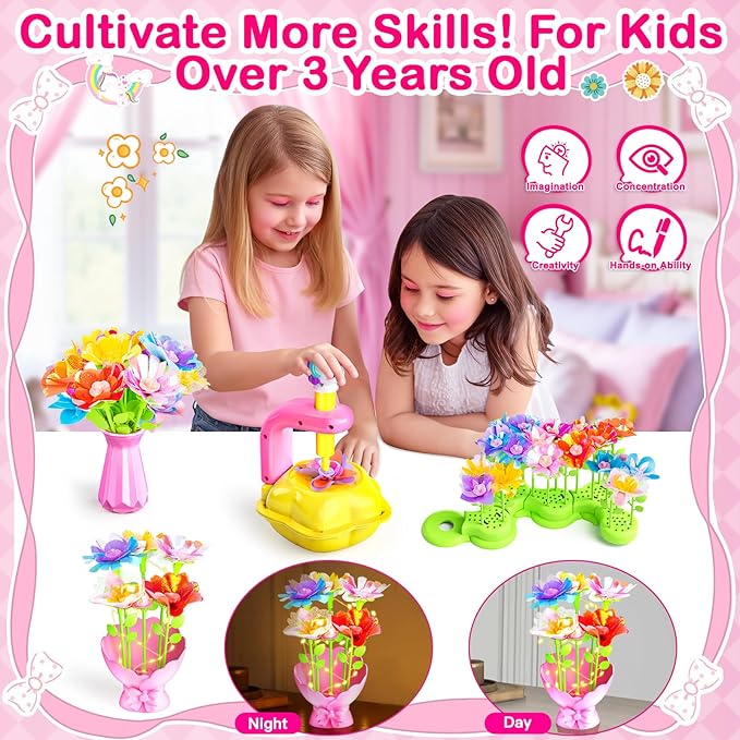 DIY Arts and Crafts for Kids Flower Toys with Lighted vase, Upgraded Unicornous Design Fabric Bouquet Craft Kits for Kids Toys for Toddler Girls Christmas Birthday Gifts for 3 5 6 7 8 10 12+ Year Old