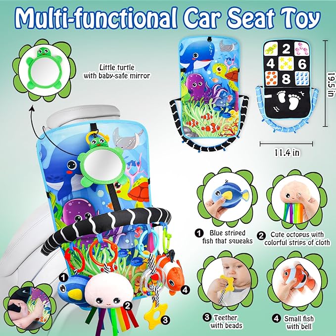 Baby Car Seat Ocean Animals Toys - Kick and Play Double Sided Infant Car Seat Toys with Plush Toys, Mirror, Teether for Baby Travel Activities, Christmas Birthday Gifts Newborn Infant Toy