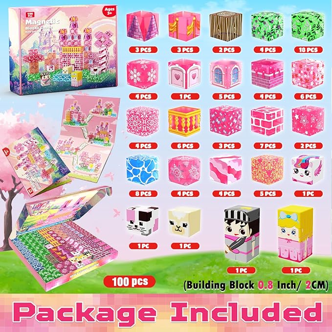 Magnetic Blocks - 100PCS Magnetic Building Block Cubes, Magnet Blocks Transparent Castle Princess Toy Building Sets for Kids, STEM Stacking Magnets Toys, Easter Birthday Gift for Boys Girls Age 4-8