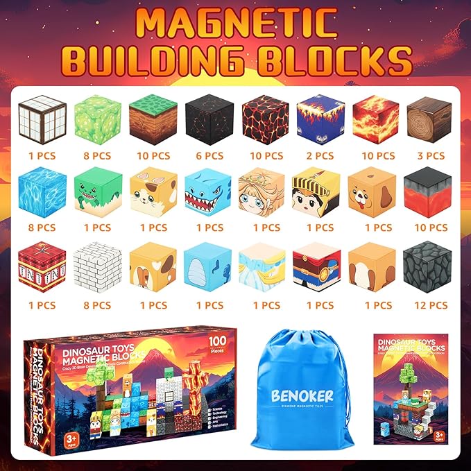 Dinosaur Magnetic Blocks,Dino Volcano World Magnet Building Toys, Sensory Montessori Toys for STEM Learning, Toddler Gift for Boys & Girls Age 3-4 4-5 6-8