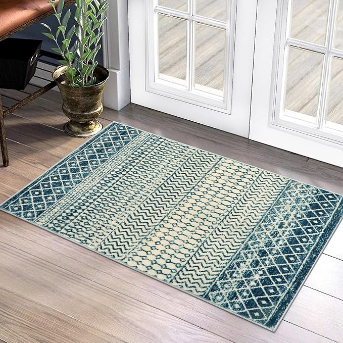 Geometric Moroccan Small Rug 2x3, Soft Non-Slip Distressed Retro Blue Rug Front Door Mat, Machine Washable Kitchen Rug Indoor Door Mats for Entryway Bedroom Bathroom Kitchen