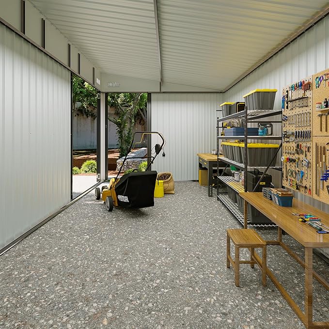 8'x12' Shed Galvanized Steel Storage Sheds with Triple Doors Utility Sheds for Vertical Storage, Dual Lock Lean to Shed with Sloped Roof for Mower, Bike, Garden Tools (Black)