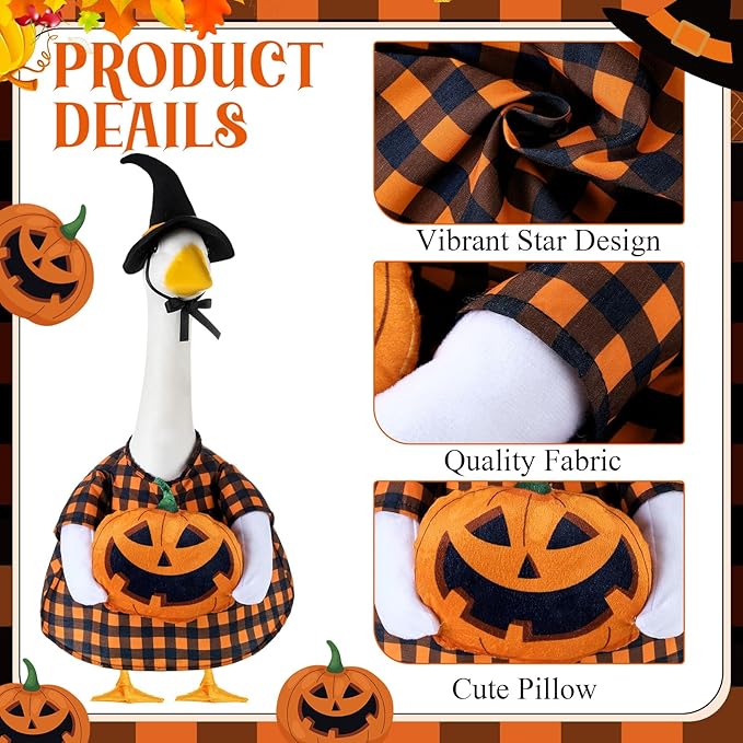 Sanwuta 1 Set Halloween Porch Goose Outfit Pumpkin Pillow Design with Hat for 23" Lawn Cement Goose Porch Geese Clothes Costume for Halloween Garden Patio Yard Outdoor Decorations